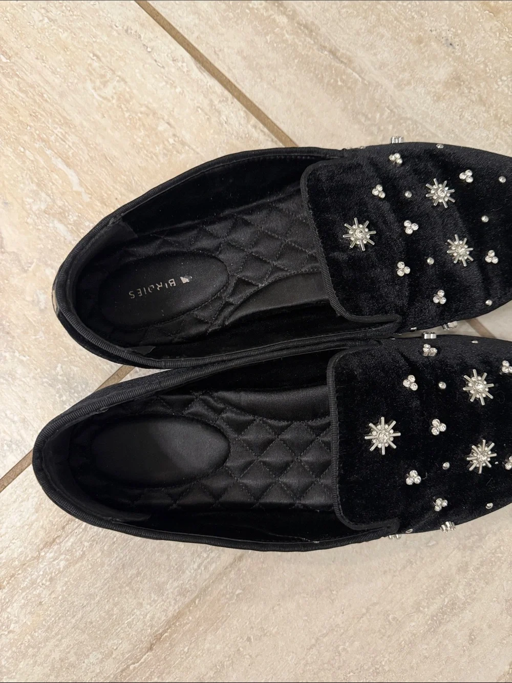 Birdies The Starling Black Velvet Starry Night Crystal Embellished Loafers